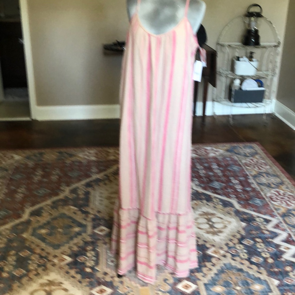 Unworn summer dress in tan with hot pink stripes.